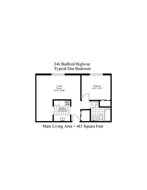 Floor plan for 1 bed, 1 bath, 481 sqft
